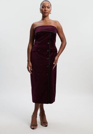 Karen Millen Womens Plus Size Velvet Groisgrain Bandeau Midi Tailored Dress - Burgundy Cotton - Size 18 UK
