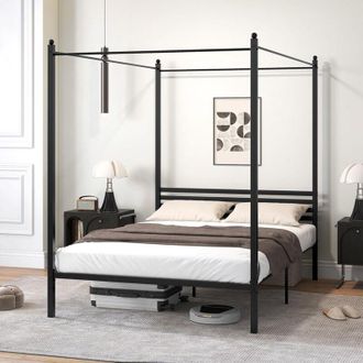 Costway Costway - Struttura Letto in Metallo 200x140 cm, Telaio da Letto Matrimoniale con Testiera e 4 Poste, Sostegno Robusto in Metallo, Carico Massimo