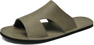 Generic Mens Leather Flat Slides Sandals Classic Round Open Toe Slip On Comfort Soft Bottom Anti-Slip Casual Slippers Lightweight Beach Walking Vacation Summe