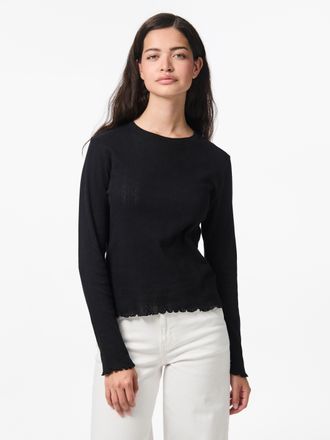 Pieces Langarmshirt PIECES PCMARIE LS O-NECK POIN TOP JRS NOOS BC, Damen, Gr. XXL, schwarz, Jersey, Obermaterial: 100% Baumwolle, unifarben, regular fit norm