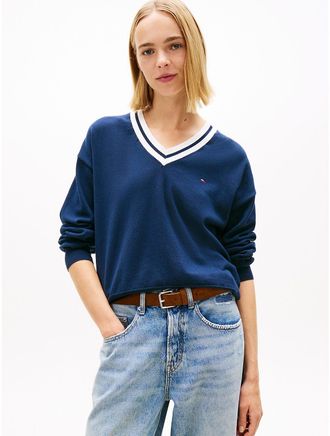 Tommy Hilfiger Womens Tommy Jeans Relaxed Fit V-Neck Sweater - Navy - XXS