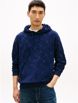 Tommy Hilfiger Mens Allover Flag Logo Velour Jacquard Hoodie - Navy - L