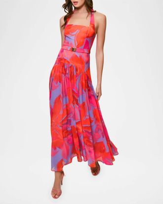 Hutch Aza Pleated Floral-Print Halter Maxi Dress In Purple Watercolor Gardenia