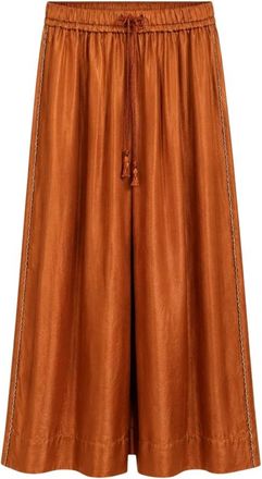Forte_Forte Habotai Zijde Geborduurde Rand Elastische Broek - Dames - Wijde Broeken - Bruin - M - Broeken