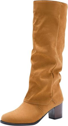 Generic Fold Over Boots Women Comfortable Chunky Block Heel Ladies Long Booties Stylish Casual Faux Suede Wide Calf Pull On Mid Calf Boots Outdoor