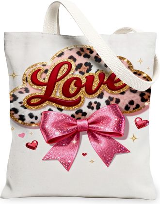 Generic Love Hearts Canvas Tote Bags, Funky Animal Print Reusable Grocery Bags, ValentineS Day Chic Stylish Lightweight Washable S, White, 13x15 Inch