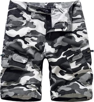 Feoya Mens Camo Cargo Shorts Cotton Elasticated Waist Camouflage Work Shorts Summer Multi Pocket Military Combat Short Casual Outdoor Utility Loose Fit Half