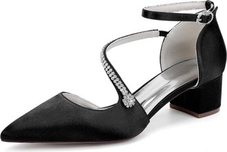 Generic Bridal Shoes Womens Rhinestone Wedding Prom Pumps Satin Pointed Toe Ankle Strap Bridesmaid Chunky Heels Shoes4.5Cm,Black,10 UK