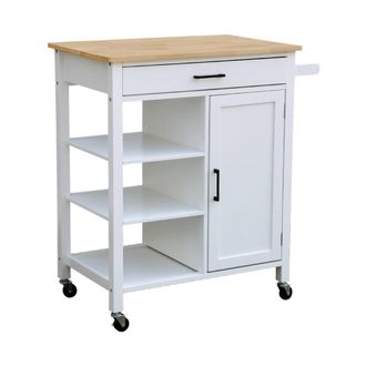 Sweeek Carro de cocina con bandeja de madera de pino, blanco