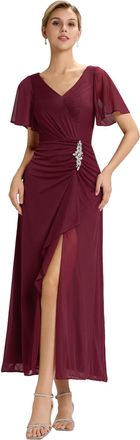 Ever-pretty Midi Mother of The Brides Dress V-Neck Ruffle Sleeves Side Slit Burgundy 16