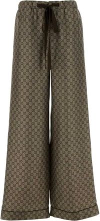Gucci Wide Trousers, female, Brown, Size: S Printed Silk Twill Leisure Pants