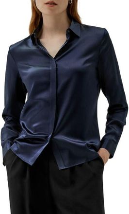LilySilk Womens Basic Concealed Placket Silk Shirt in Navy Blue at Nordstrom, Size X-Large