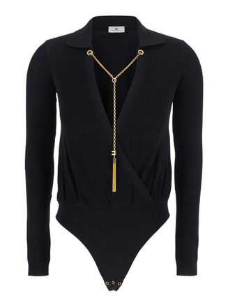 Elisabetta Franchi Black Wraparound Bodysuit With Chain Embellishment On The Front In Viscose Blend Woman