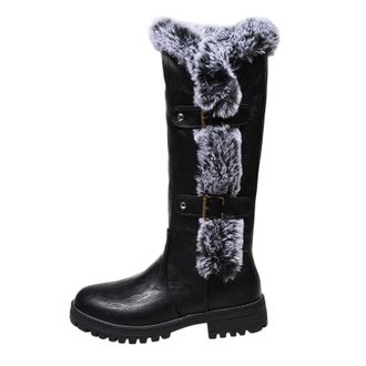 Generic Boots For Women Chunky Sole Round Toe PU Leather with Buckle Mid Calf Snow Boots Elegant Stylish Casual Shoes Comfortable Autumn Winter size 4.5