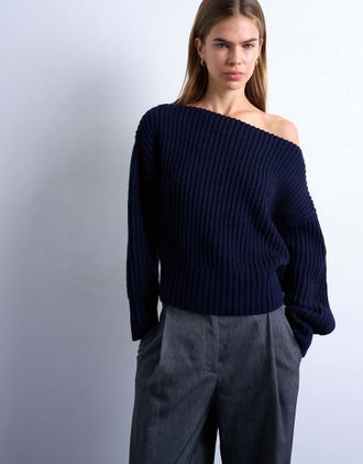 Topshop Maglione blu navy con scollo a barchetta