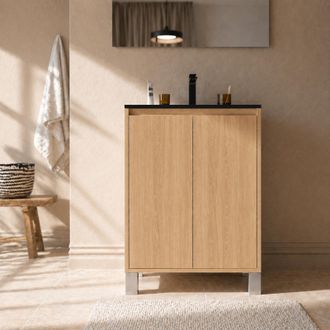 Aurlane Pack Mueble De Ba&ntilde;o 70cm Roble Claro 2 Puertas Con Lavabo De Cer&aacute;mica Negra