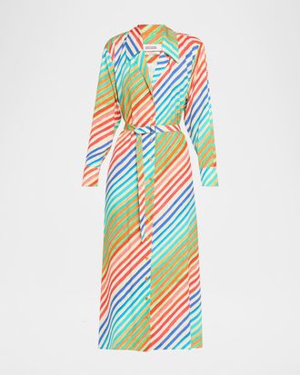 Christopher John Rogers Rainbow Striped Waist-Tie Bias Midi Shirtdress
