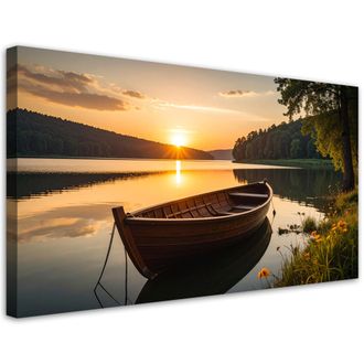Feeby Cuadro En Lienzo, Paisaje Lago Barca Puesta De Sol, 120x60