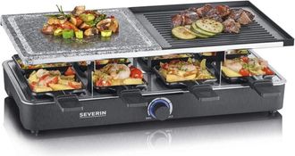 Severin Rg 2371 Grill Raclette con Pietra Naturale da 1,300 w, Piastra Antiaderente, Raclette 8 Persone, Piastra Combinata, Controllo della Temperatura, Nero