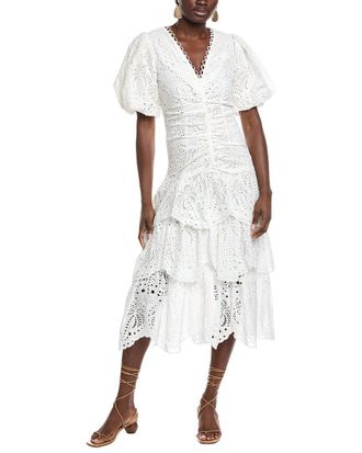 Farm Rio White Cotton Eyelet V Neckline Puffed Sleeve Midi Dress