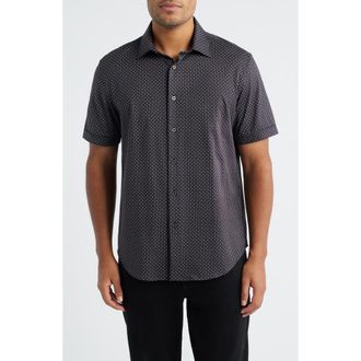 Bugatchi Miles OoohCotton Print Short Sleeve Button-Up Shirt in Black at Nordstrom, Size Xxx-Large