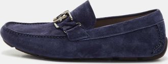Ferragamo Navy Blue Suede Gancini Loafers