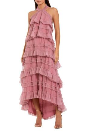 Mac Duggal Dot Mesh Ruffle Halter Neck Ankle Dress in Rose at Nordstrom, Size X-Small