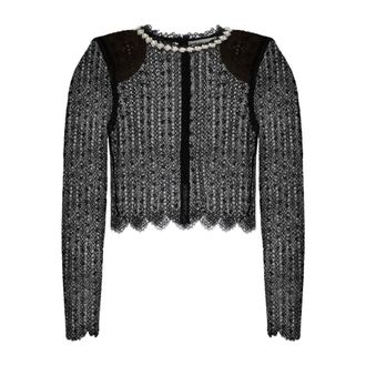 Self Portrait Cardigans, female, Black, Size: 2XS Lace Top with Rhinestones