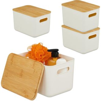 Relaxdays Relaxdays storage box, set of 4, bamboo lid, plastic, handles, organiser, HWD: 16x26x17.5 cm, white
