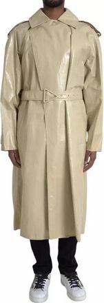 Bottega Veneta Mens Beige Lambskin Leather Trench Coat Jacket Black Calf Clothing