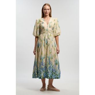 Karen Millen Floral Puff Sleeve Midi Dress in Blue at Nordstrom, Size 12
