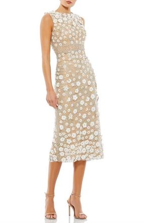 Mac Duggal Floral Applique High Neck Sleeveless Midi Dress in Ivory Nude at Nordstrom, Size 16