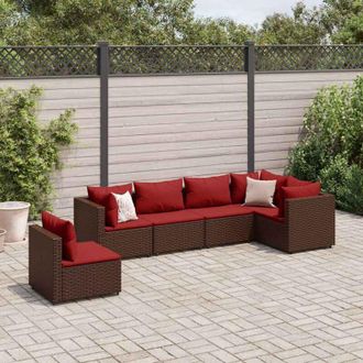 vidaXL Set Muebles De Jard&iacute;n 6 Piezas Y Cojines Rat&aacute;n Sint&eacute;tico Marr&oacute;n Vidaxl