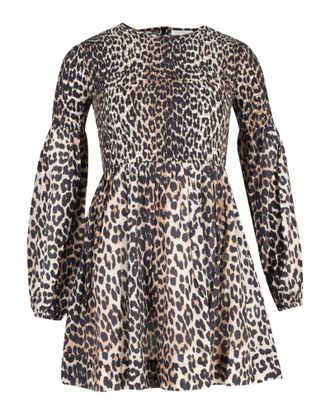 Ganni Ganni Shirred Mini Dress in Animal Print Cotton