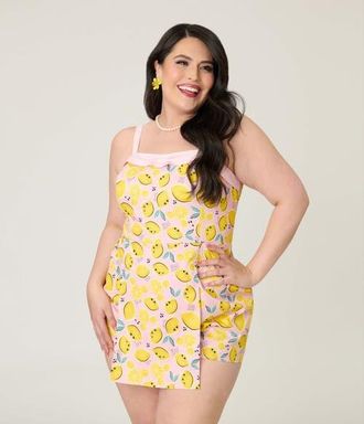 Unique Vintage Plus Size Skirted Dolly Romper in Pink & Yellow Citrus at Nordstrom, Size 2X