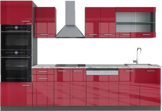 Vicco Mueble De Cocina R-line, Burdeos Brillo Intenso/antracita, 300 Cm Con Armario Alto, Et M&aacute;rmol