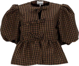 Ganni Brown Checks Round Neck Top