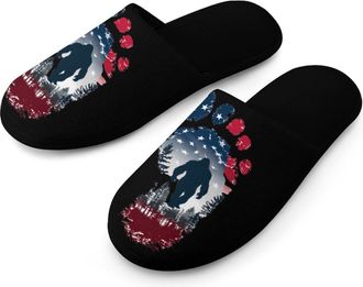 Generic USA Flags Bigfoot Sasquatch Footprint Mens Slippers Warm Non-Slip Houes Shose Spa Slipper for Home Bedroom
