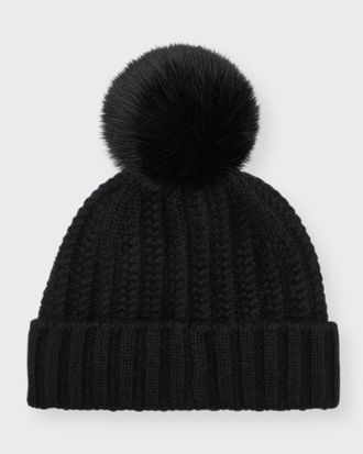 Sofiacashmere Braided Knit Cashmere Beanie With Faux Fur Pom