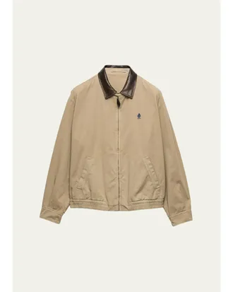 Prada Mens Old Gabardine Leather-Collar Full-Zip Jacket