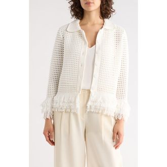 Adrianna Papell Fringe Trim Open Stitch Cardigan in Ivory at Nordstrom Rack, Size X-Small