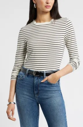 Nordstrom Long Sleeve Crewneck T-Shirt in Ivory- Black Tay Stripe at Nordstrom, Size Xx-Large