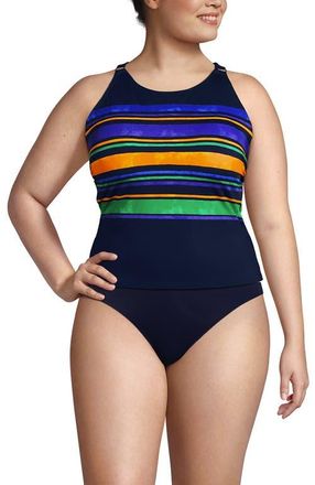 Lands End Tugless High Neck Strappy Back Tankini Swimsuit Top in Deep Sea Painted Stripes at Nordstrom, Size 24W