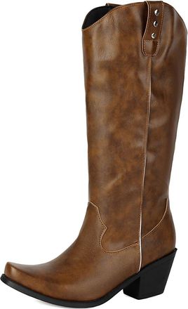 Generic Womens Pointed Toe Western Cowboy Boots Pull on Wide-Calf Boots Low Chunky Heel Knee High Boot,Khaki,5.5 UK