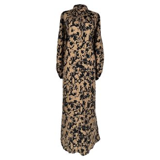 Max Mara Printed Long Sleeve Maxi Dress in Beige Silk