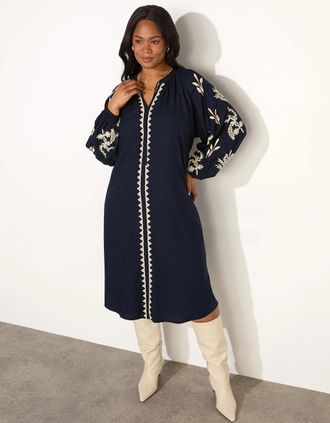 Live Unlimited London Womens Navy Embroidered Sleeve Tie Neck Dress - Blue - Size: 14