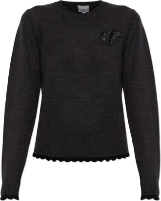 Ganni Trui met logo-patch en haakwerkrand - Dames - Ronde hals truien - Grijs - S - Katoen - Truien & Vesten
