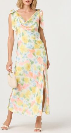 ASTR the Label Allexina Tie Shoulder Satin Maxi Dress in Yellow Watercolor at Nordstrom, Size X-Small