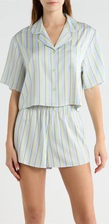 Open Edit Boxy Stretch Satin Short Pajamas in Blue- Green Charlie Stripe at Nordstrom, Size X-Small