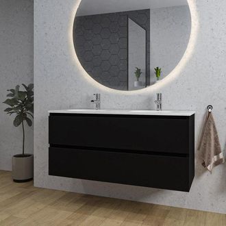Saniclass Chaci Badkamermeubelset - 120x46x55cm - keramische wastafel wit - 2 ovale wasbakken - 2 kraangaten - 2 lades - ronde spiegel met verlichting - mat zwa